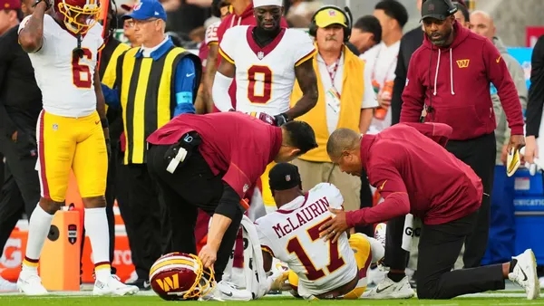 img of Commanders' McLaurin (knee) carted off in MNF loss to...