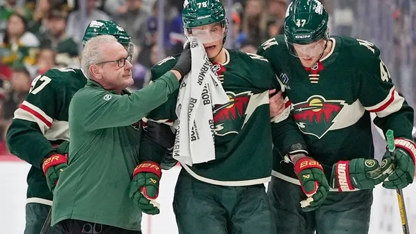 img of Sturm, 31, sent to hospital after puck strikes his...